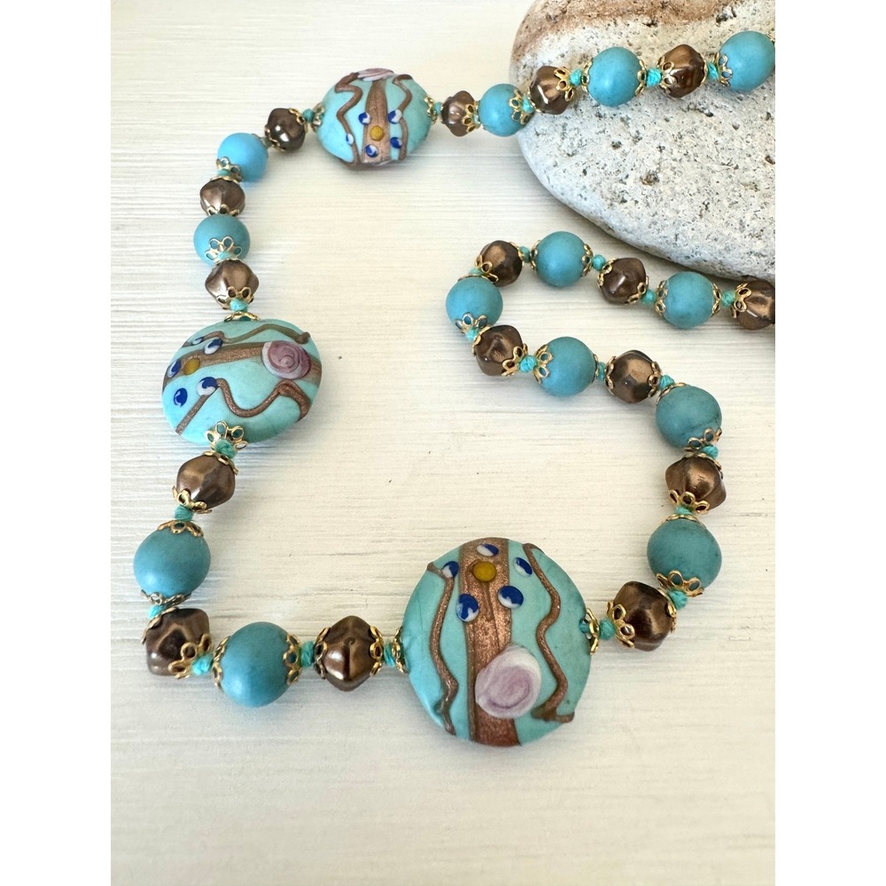 Vintage Murano Style Beaded Necklace Turquoise Wedding Cake Artisan Statement